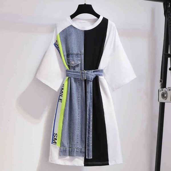 

casual dresses [ewq] korea chic summer fashion trend women o neck tie contrast denim stitching loose short-sleeved dress 16e2199 vbvd, Black;gray
