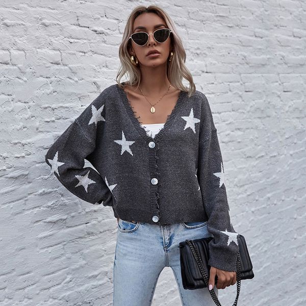 

women's knits & tees autumn winter tassel cardigans sweater star pattern full sleeve short knitted for rq98, White
