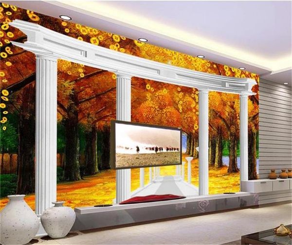 

wallpapers 3d wallpaper po custom mural livingroom rome column yellow leaves sofa tv background for wall