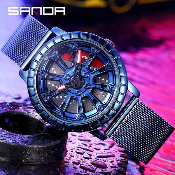 

wristwatches sanda fashion mens car wheel watches luxury stainless steel mesh waterproof watch men quartz wristwatch clock montre homme, Slivery;brown