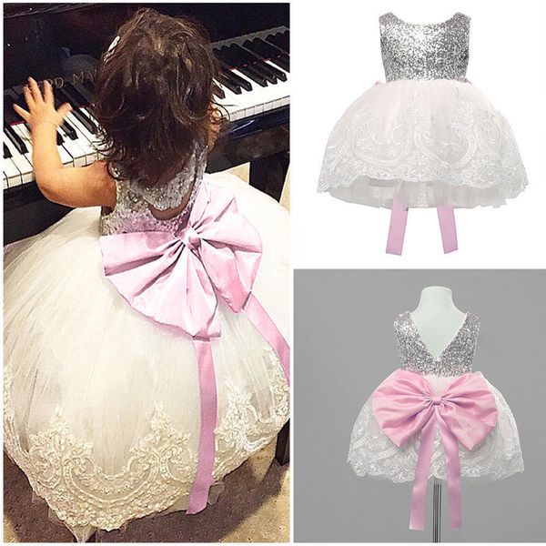 

girl's dresses 6m-10t girl tutu sleeveless back bow knot princess girls party lace dress children kids shining bridesmaid c0223, Red;yellow