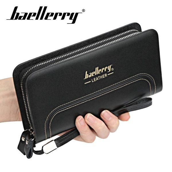 

wallets baellery double zipper men long vintage pu leather male clutch purse phone card holder mens, Red;black