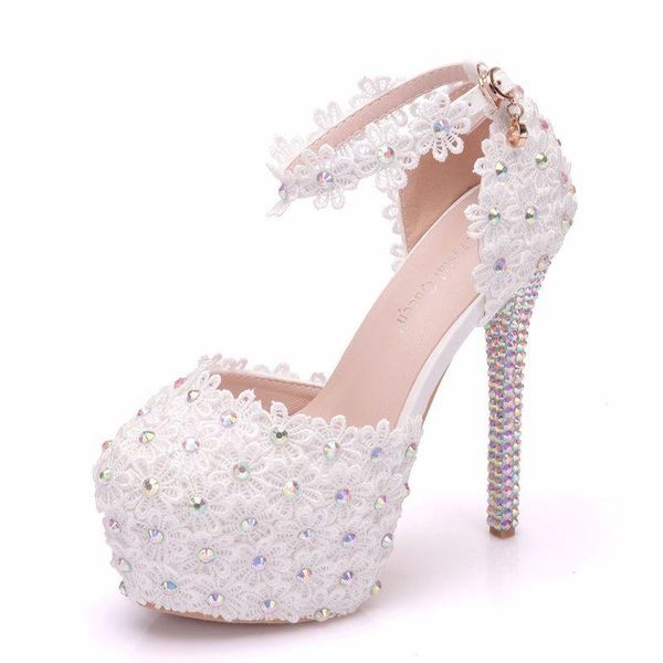 

women sandals wedding party banquet lace pu rhinestones buckle strap 14cm thin high heels pointed toe waterproof shoes, Black