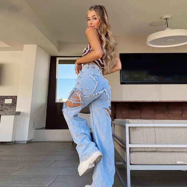 

women's jeans 2021 summer fashion high-waist straight-leg pants casual women, Blue