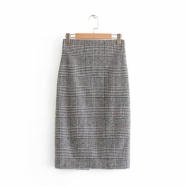 

skirts asds women plaid basic pencil midi skirt office lady faldas mujer houndstooth split vintage casual chic mid calf wqz53741, Black