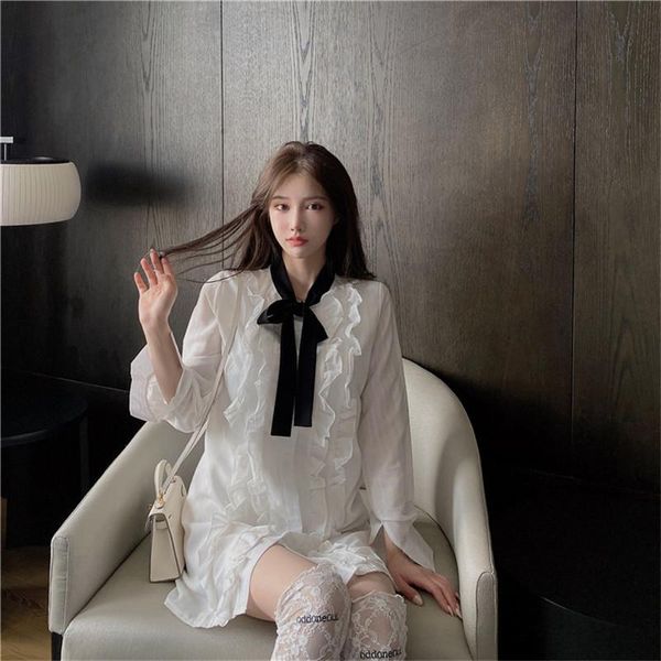 

casual dresses french net yarn fairy dress 2021 autumn age reduction loose mid-length long-sleeved shirt, Black;gray