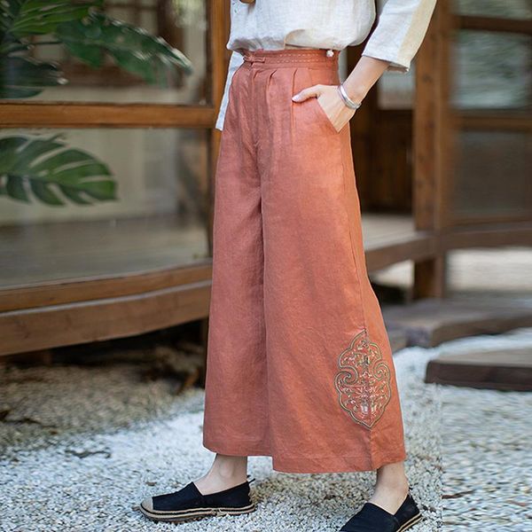 

women's pants & capris s21k02 chinese style linen wide leg nine point cotton zen tea clothes, Black;white