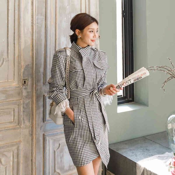 

dress autumn winter korean style houndstooth vintage lace-up women female long sleeve slim office lady work robe 3bnj, Black;gray