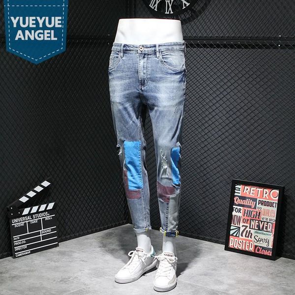 

high street vintage washed patchwork hole ripped jeans mens slim fit printed harajuku casual denim pants summer jean trousers men's, Blue
