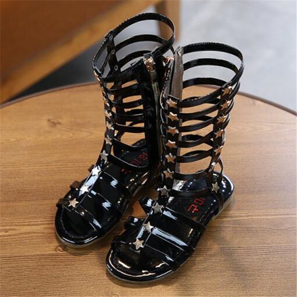 

2022 new girls sandals summer kids shoes boots star gladiator sandal flat heels girls princess beach shoe, Black;red