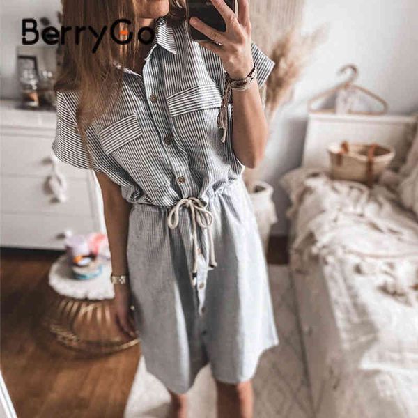 

berrygo casual striped lace-up women dress office ladies summer buttoned shirt collar dresses bat sleeve straight vestidos 210513, Black;gray
