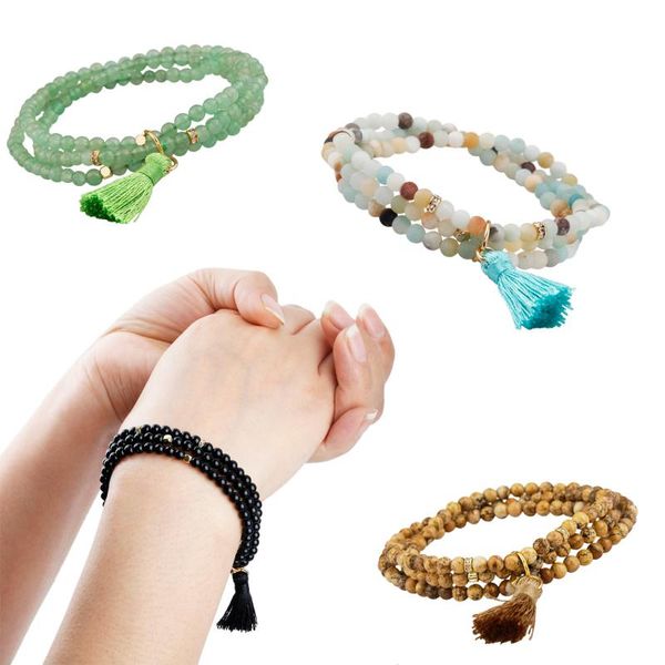 

beaded, strands natural crystal stone beaded bracelet 3 layers beads with lovely tassels charms female office jewelry for women, Black