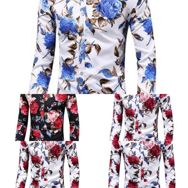

2021shirts floral men new plus size flower fashion print casual camisas masculina black white red blue male turn-down collar shirt blouse, White;black