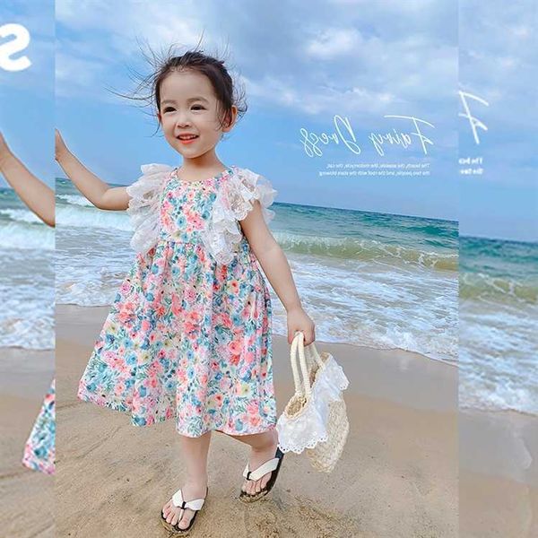 Motivo floreale Beach Girls Dress Ruffles Straps Open Back Prendisole per le vacanze Lovely Flower Clothing 210529