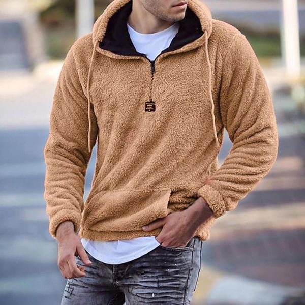 

men's hoodies & sweatshirts 2021 fashion solid color plush long sleeve pullover hoodie autumn winter front pocket warm hooded sweatshir, Black