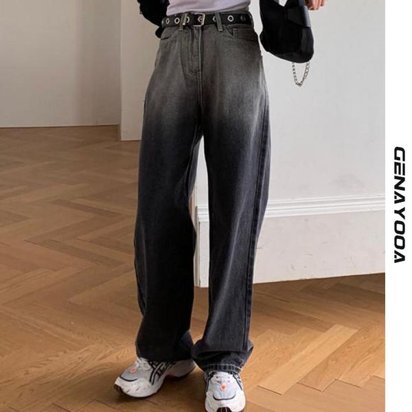 

genayooa vintage demin woman high waist wide leg gradient boyfriend jeans for women streetwear loose pants female korean 210417, Blue