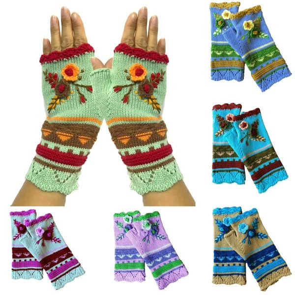 

five fingers gloves ins mittens handmade embroidery autumn winter multicolor floret women' warm wool knitted glove, Blue;gray