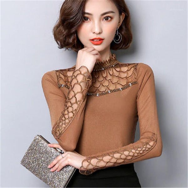 

s-4xl women blouse shirt arrivals autumn long sleeved hollow out lace elegant slim patchwork mesh zy4228 women's blouses & shirts, White