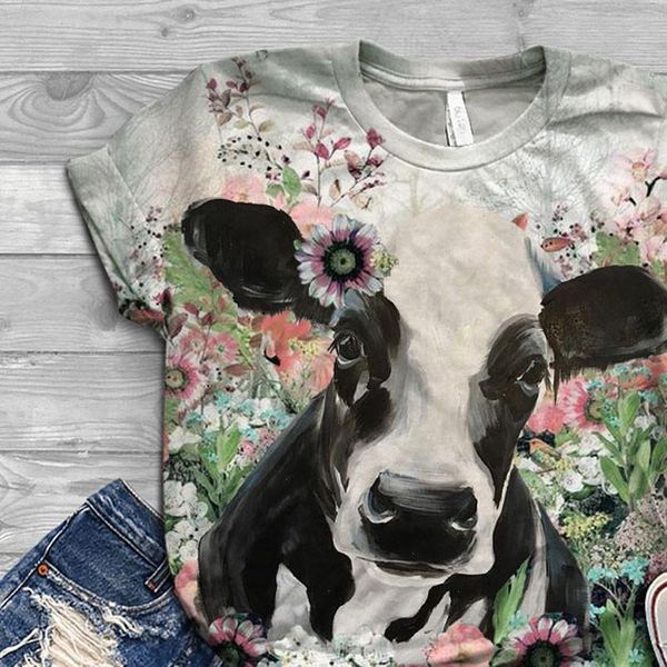 

womens t shirt women harajuku plus size o neck short sleeve 3d cow print camisetas mujer, White