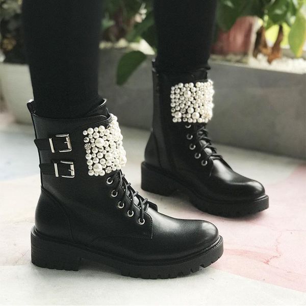 

boots winter roman pearl lace up women's in autumn and, Black