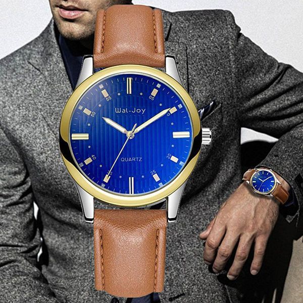 

wristwatches wj-8107 wal-joy fashion men blue dial pu leather strap waterproof luminous quartz watches relojes de lujo, Slivery;brown