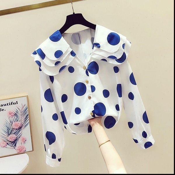 

spring autumn all match women blouses loose long sleeve chiffon blue wave point elegant plus size female blouse, White