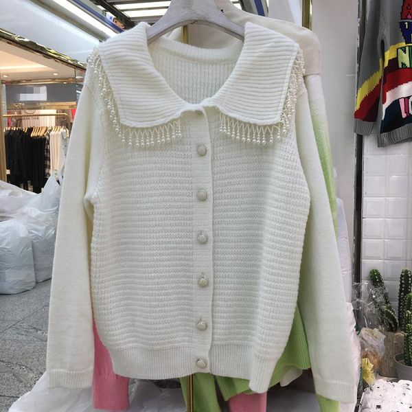 

women's jackets heavy pearl tassel knit cardigan sweater sweet, Black;brown