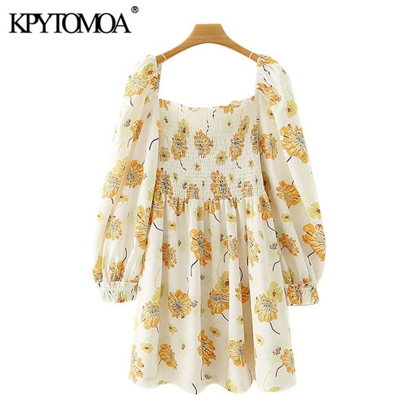 

women chic fashion elastic smocked floral print mini dress square collar long sleeve female dresses mujer 210420, Black;gray