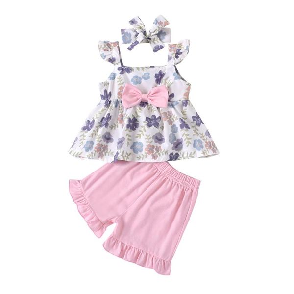 

pcs infant outfits for girls toddlers baby flower print sleeves square collar bowknot +solid ruffle shorts+headband clothing sets, White