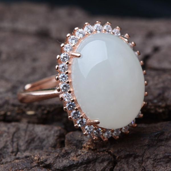 

cluster rings brand natural white jade jasper ring with 925 sterling silver f jadeite jewelry rose gold, Golden;silver