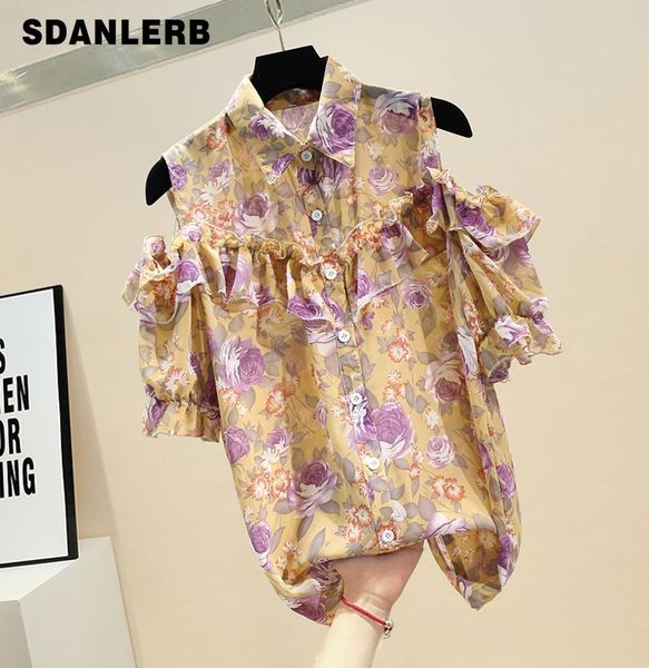 

women's blouses & shirts summer for woman vintage lotus leaf off shoulder floral chiffon shirt girls ladies blusas mujer de moda 2021, White