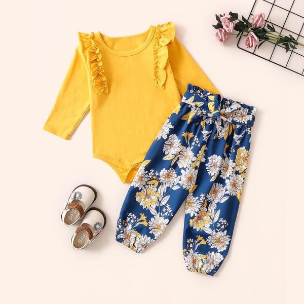 

clothing sets kids baby girls autumn full sleeve solid bodyusit+ belt flower long pants toddler infant girl 2pcs 0-24m, White