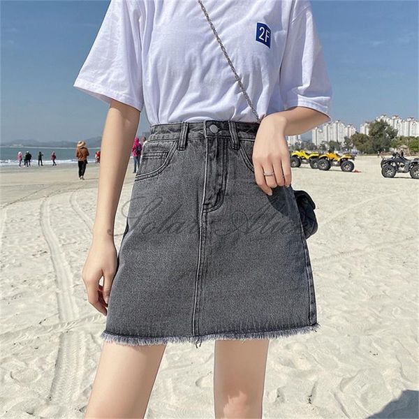 

skirts 2021 women's summer frayed lined denim short skirt high waist, Black