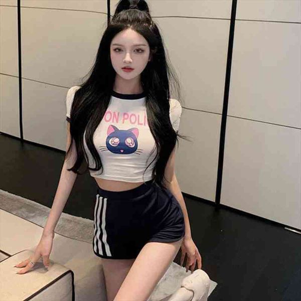 

qweek cartoon print pyjamas womens pajamas two piece set summer kawaii kroean pijamas girls homesuit homewear sleepwear, Black;red