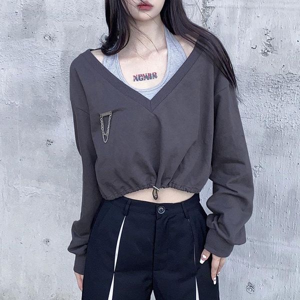 

women's hoodies & sweatshirts women autumn solid 2 piece sets deep v-neck long sleeve cropped pullovers and corsage streetwear y2k loos, Black