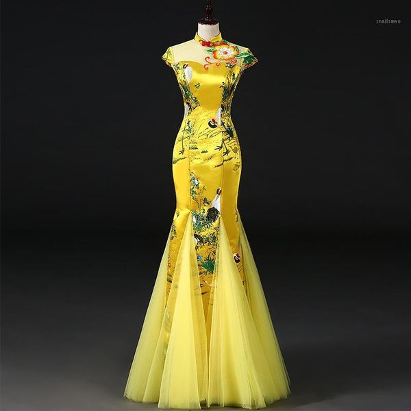 

ethnic clothing yellow chinese style womens wedding cheongsam retro slim party evening dress marriage gown qipao fashion lady vestido k, Red