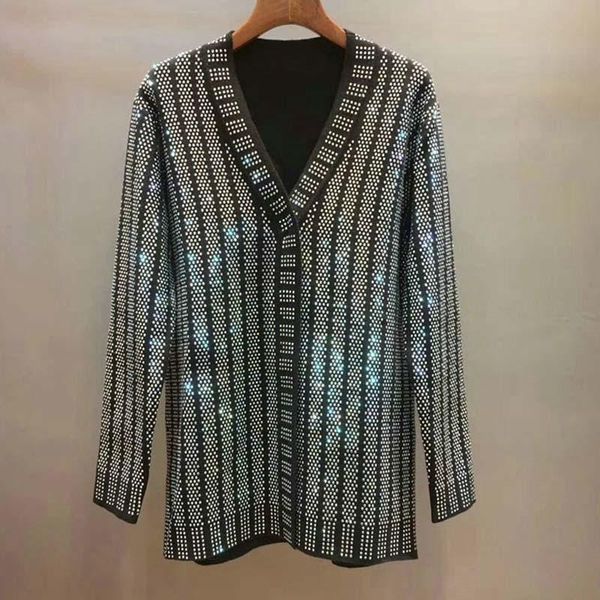 

women's sweaters autumn winter fashion 2021 designer sweater cardigan women v-neck luxury bling diamonds beaded knitting jacket outer c, White;black