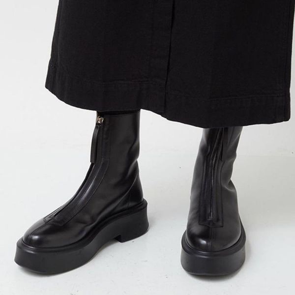 

boots brand ankle genuine leather thick sole motorcycle women front zip round toe winter platform woman short botas, Black