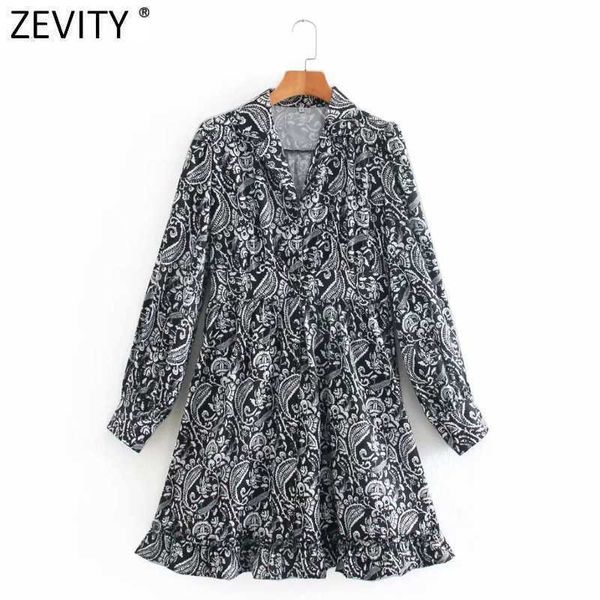 Zevity Frauen Vintage Totem Blumendruck Minikleid Weibliche Langarm Casual Vestido Chic Plate Rüschen Hemd Kleider DS5085 210603