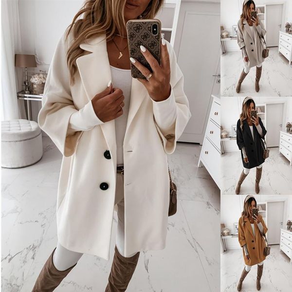 

women's wool & blends womens winter warm lapel 3/4 sleeve single-breasted button plain pocket loose coat casual woolen jacket, Black