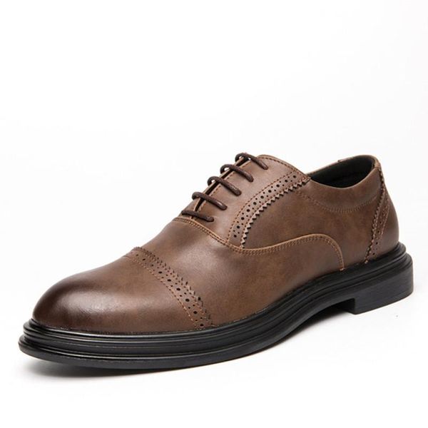 

dress shoes men leather formal elegant classic business wedding social male fashion flat brogue footwear party lace up big size, Black