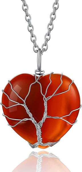 

pendant necklaces tree of life wrapped healing crystal for women girls 12 month birthstone crescent heart gemstone jewelry gift, Silver