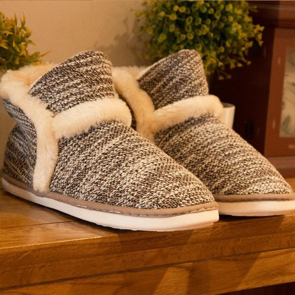 

slippers women's flat thick plush floor ladies lovers indoor knitted tpr sole shoes women, Black