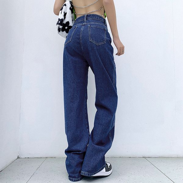 

2021y2k blue straight jeans women vintage cargo denim pants fashion high waist harajuku patchwork stitched 90s aesthetic loose jean