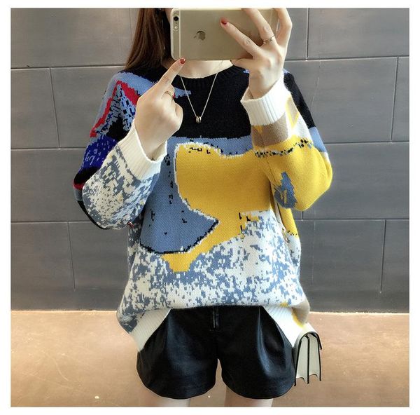 

women's sweaters 2021 autumn and winter loose korean students canvas style pullover mixed color knit women female 7845, White;black