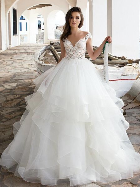 

other wedding dresses luxury lace appliques tulle tiered court train bridal ball gown elegant illusion o-neck cap sleeve dress robe de mariÃ©, White