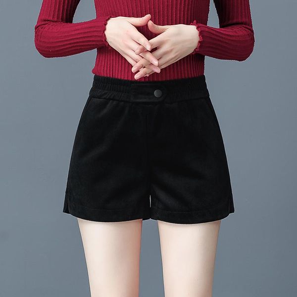 

women's shorts women black casual 2021 autumn winter fashion splice elastic pockets button high waist straight thickening, White;black