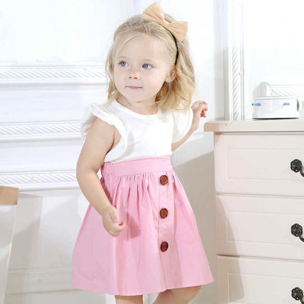 

fashion toddler baby girls clothes set 2pcs cotton flare sleeve white t shirt + a line pleated skirt baby girl summer sets 210713