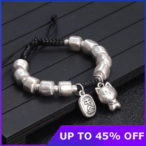 

sterling silver charm bracelets simple geometric beads luck small cat hand string women's pure argentum jewelry gifts link, chain, Black