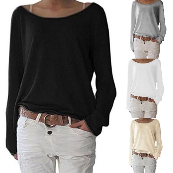 

women t-shirt basic long sleeve solid loose plain cotton baggy round neck color casual simple clothing 210522, White